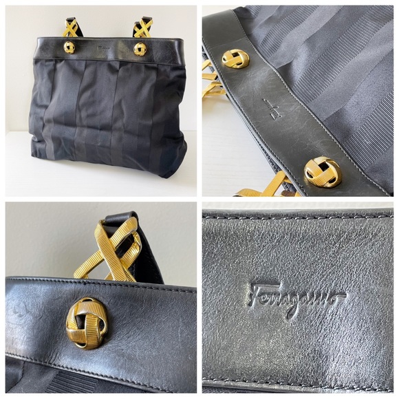 Salvatore Ferragamo black striped canvas and leather vintage shoulder bag - Picture 2 of 11